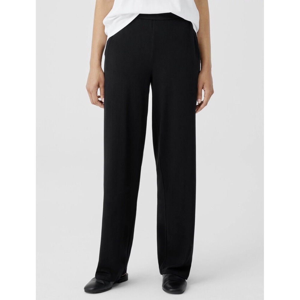 Eileen Fisher Black Pleated Straight Pull On Pants Pockets Stretch Jersey XS